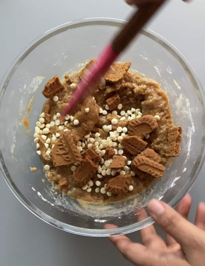 Add Biscoff and white chocolate chips